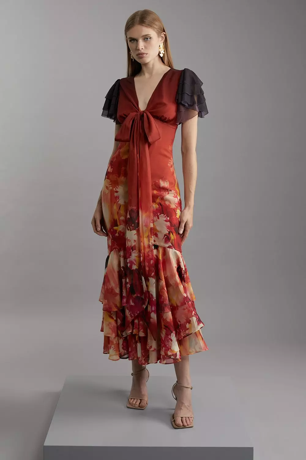 【Karen Millen】フローラル フリル ボタン マキシドレス Plus Size Crinkle Pleat Border Floral Balloon Sleeve Woven